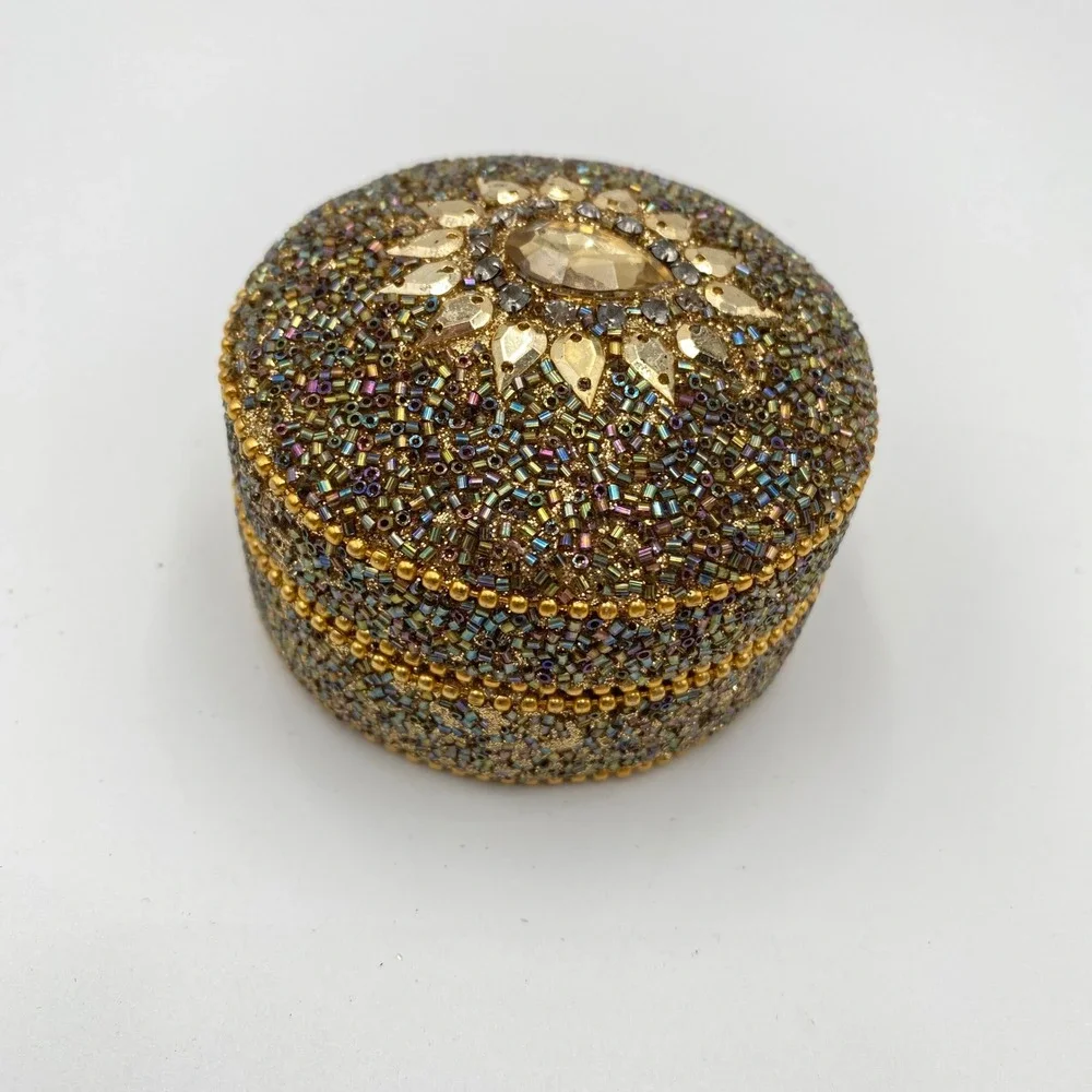 Vintage Beaded Trinket Box, Round Rhinestones Jeweled Accent‎ Metal  3